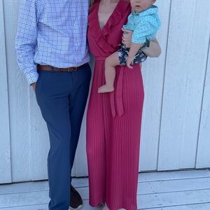 Pink, ruffle/pleat jumpsuit. Very cute. Very comfy.